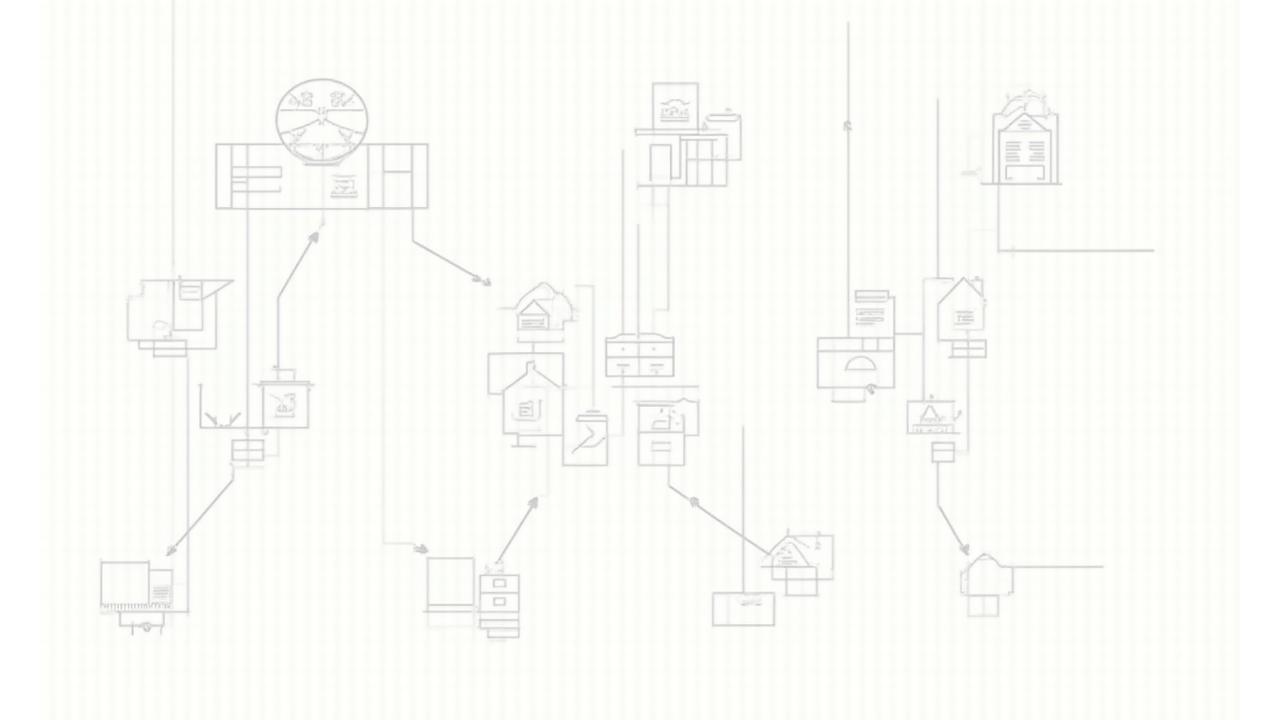 Схематичное изображение строительного рабочего процесса с иконками бухгалтерского учета, показывающее интеграцию финансового контроля в проект.