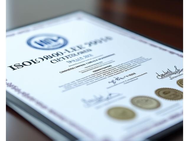Сертификат ISO 9001:2015, демонстрирующий систему менеджмента качества, с фокусом на детали печати и подписи.